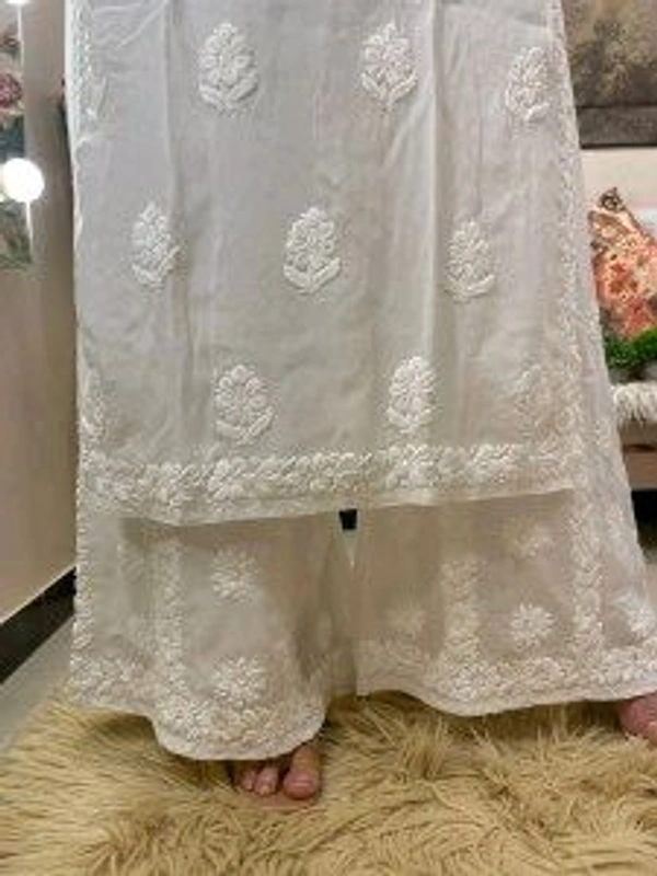White Viscose Georgette Chikankari Kurta With Palazzo - White, XXL
