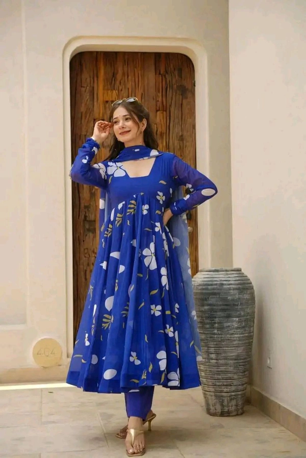 Blue Georgette Kurti Pant Set - Blue, M
