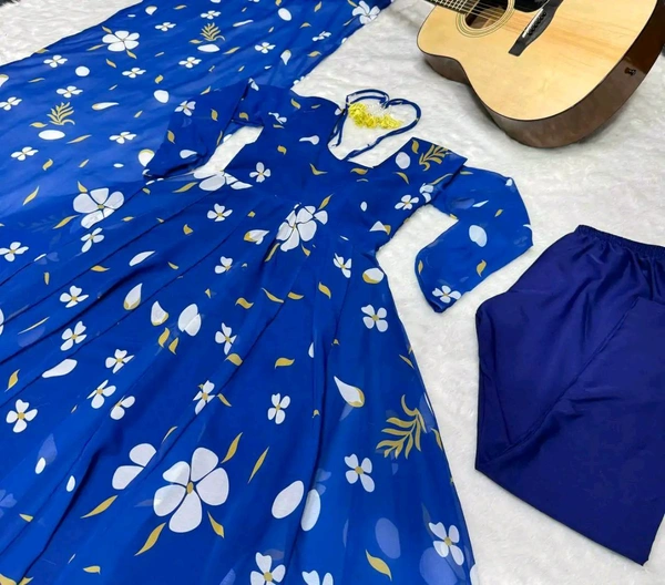 Blue Georgette Kurti Pant Set - Blue, M