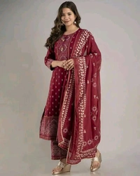 Women Viscose Rayon Kurta. Pant Dupatta Set - Claret, L
