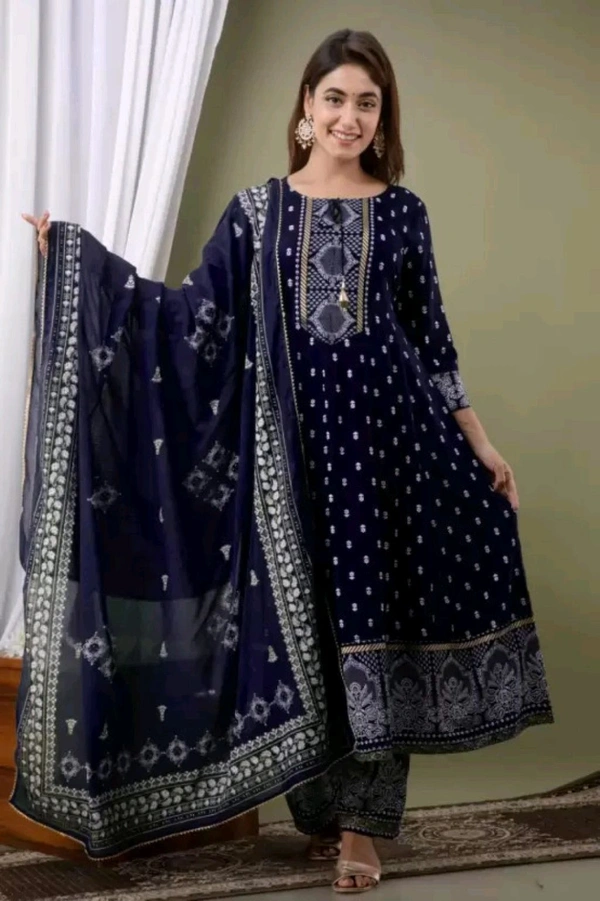 Women Viscose Rayon Kurta. Pant Dupatta Set - Black Rock, M