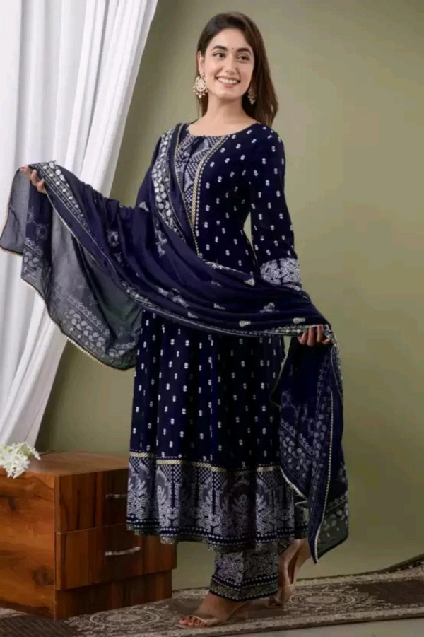 Women Viscose Rayon Kurta. Pant Dupatta Set - Black Rock, M