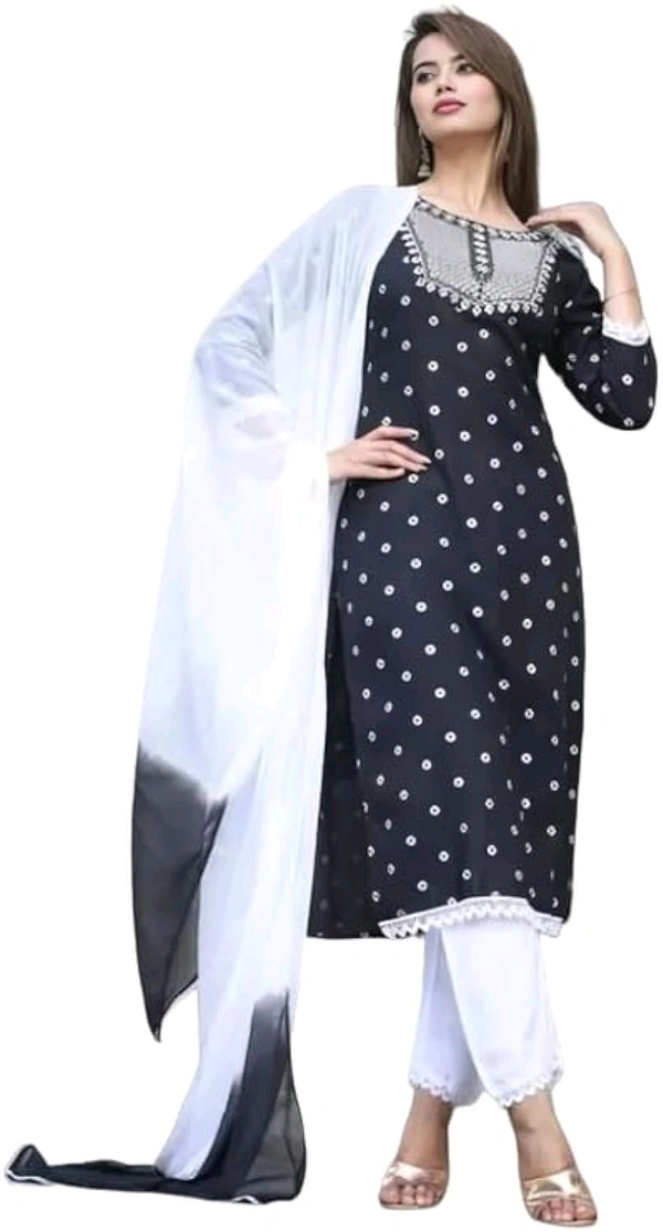 Rayon Embroidered Kurta Set With Dupatta - black, M