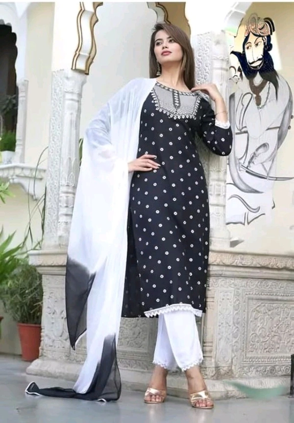 Rayon Embroidered Kurta Set With Dupatta - black, M