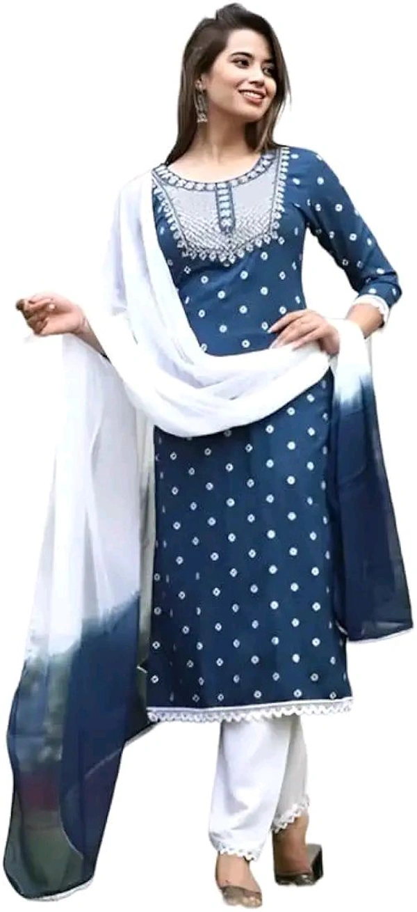 Rayon Embroidered Kurta Set With Dupatta - blue, 2XL