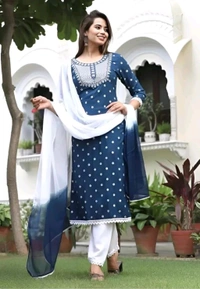 Rayon Embroidered Kurta Set With Dupatta - blue, 2XL