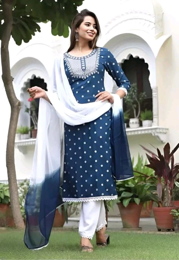 Rayon Embroidered Kurta Set With Dupatta - blue, 2XL