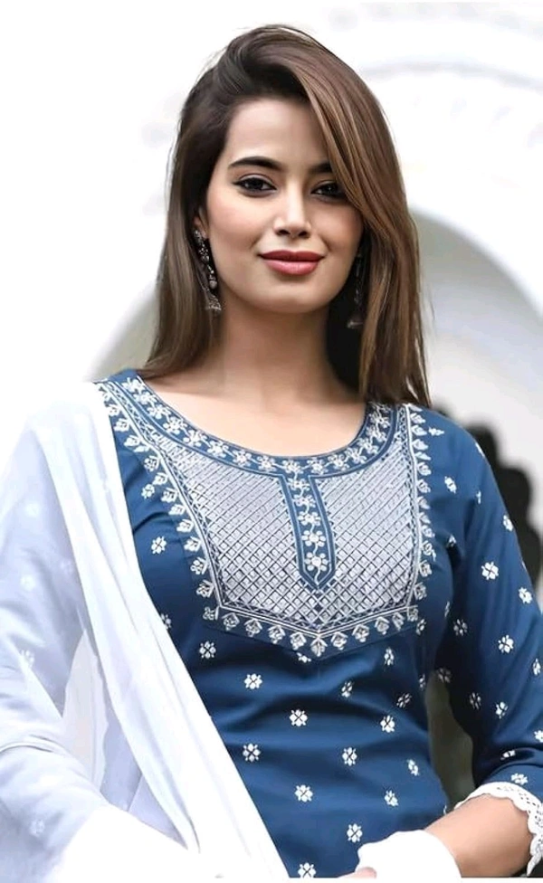 Rayon Embroidered Kurta Set With Dupatta - blue, 2XL