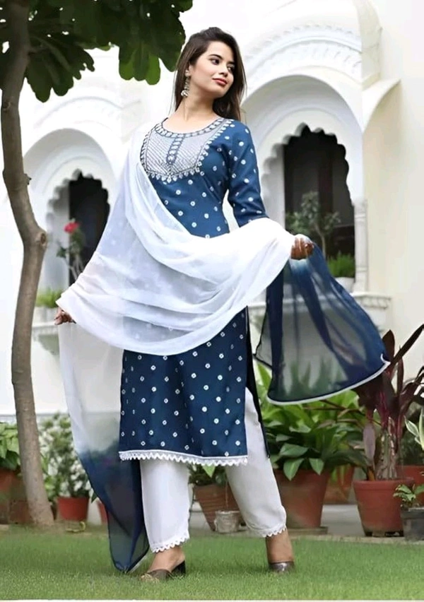 Rayon Embroidered Kurta Set With Dupatta - blue, 2XL