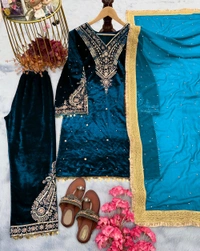 Women's Viscose Velvet With Embroidery Sequence Work Kurti With Palazzo and Dupatta Set - Midnight, XL
