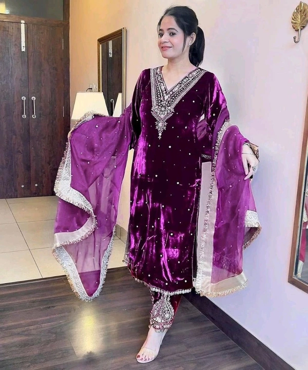 Women's Viscose Velvet With Embroidery Sequence Work Kurti With Palazzo and Dupatta Set - Voodoo, XL