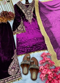 Women's Viscose Velvet With Embroidery Sequence Work Kurti With Palazzo and Dupatta Set - Voodoo, XL
