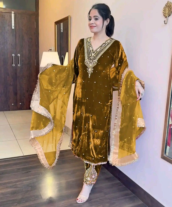 Women's Viscose Velvet With Embroidery Sequence Work Kurti With Palazzo and Dupatta Set - Horses Neck, XL