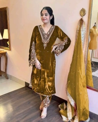 Women's Viscose Velvet With Embroidery Sequence Work Kurti With Palazzo and Dupatta Set - Horses Neck, XL