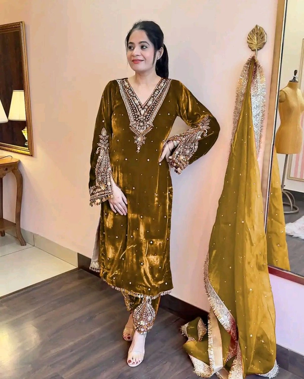Women's Viscose Velvet With Embroidery Sequence Work Kurti With Palazzo and Dupatta Set - Horses Neck, XL