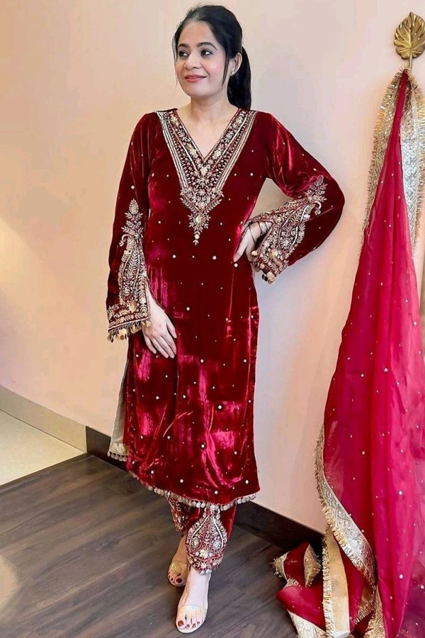 Women's Viscose Velvet With Embroidery Sequence Work Kurti With Palazzo and Dupatta Set - Bulgarian Rose, XXL