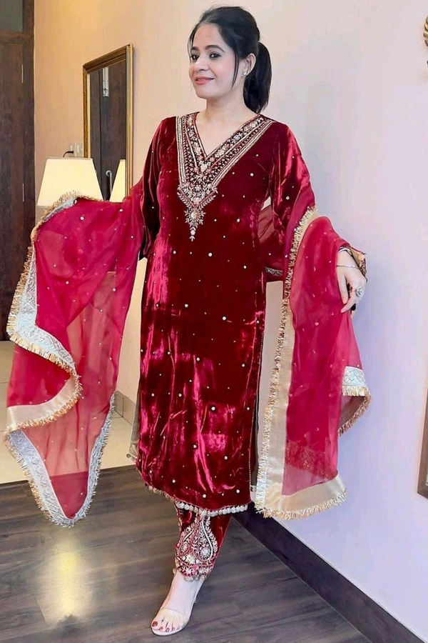 Women's Viscose Velvet With Embroidery Sequence Work Kurti With Palazzo and Dupatta Set - Bulgarian Rose, XXL