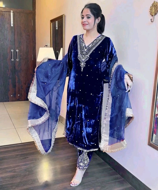 Women's Viscose Velvet With Embroidery Sequence Work Kurti With Palazzo and Dupatta Set - Black Pearl, XXL
