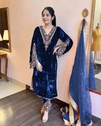 Women's Viscose Velvet With Embroidery Sequence Work Kurti With Palazzo and Dupatta Set - Black Pearl, XXL