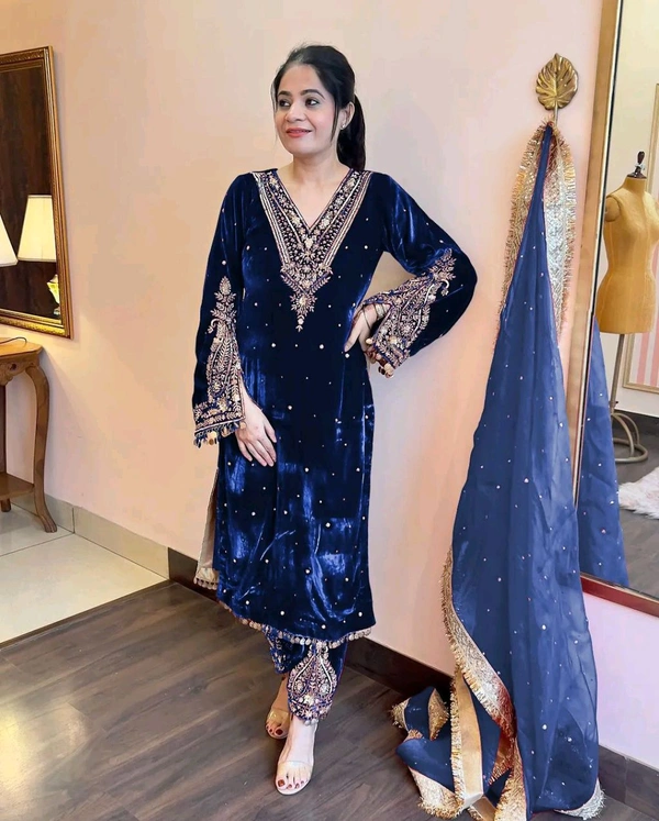 Women's Viscose Velvet With Embroidery Sequence Work Kurti With Palazzo and Dupatta Set - Black Pearl, XXL