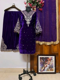 Women's Viscose Velvet With Embroidery Sequence Work Kurti With Palazzo and Dupatta Set - Jagger, XXL
