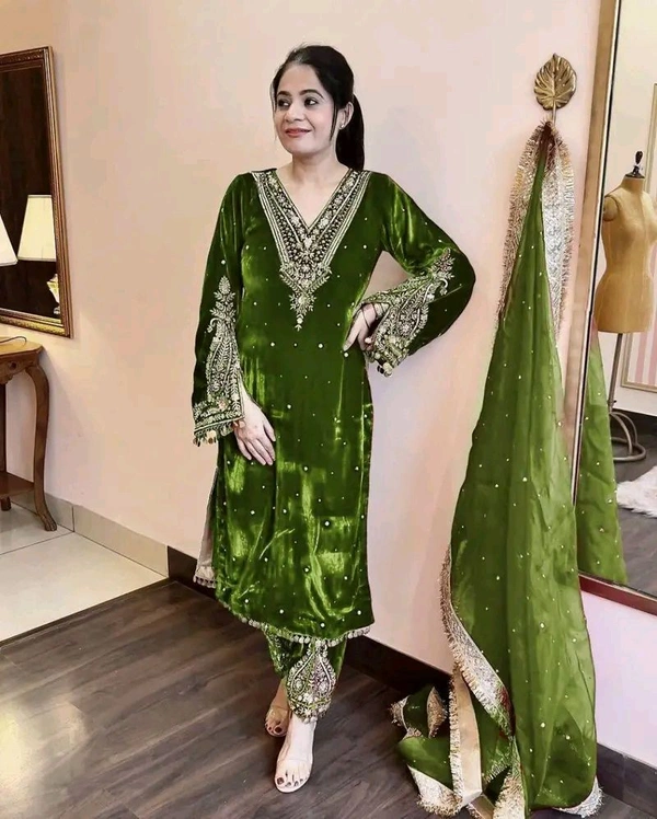 Women's Viscose Velvet With Embroidery Sequence Work Kurti With Palazzo and Dupatta Set - Turtle Green, XL