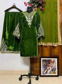 Women's Viscose Velvet With Embroidery Sequence Work Kurti With Palazzo and Dupatta Set - Turtle Green, XL