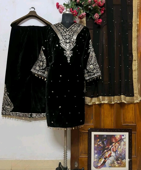 Women's Viscose Velvet With Embroidery Sequence Work Kurti With Palazzo and Dupatta Set - black, XL