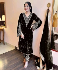 Women's Viscose Velvet With Embroidery Sequence Work Kurti With Palazzo and Dupatta Set - black, XXL