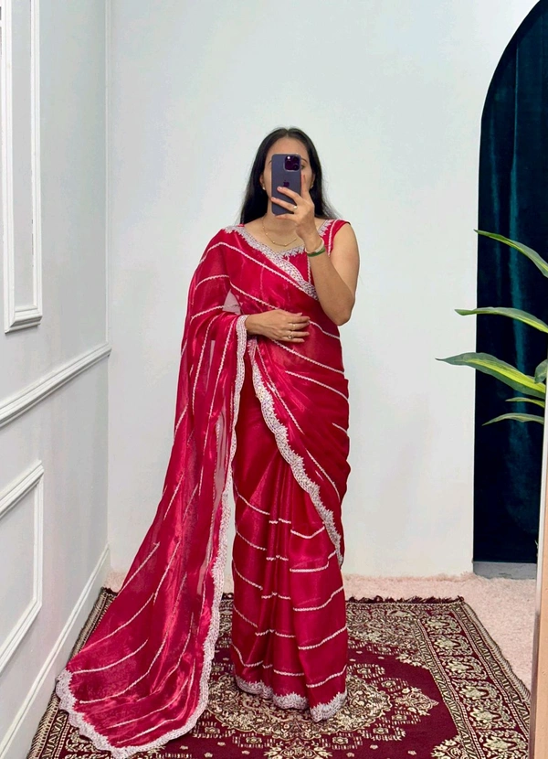 Burbary Jimmy Choo Fabric Embroidered Work Saree* - wine Red