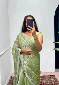 Burbary Jimmy Choo Fabric Embroidered Work Saree* - moss Green