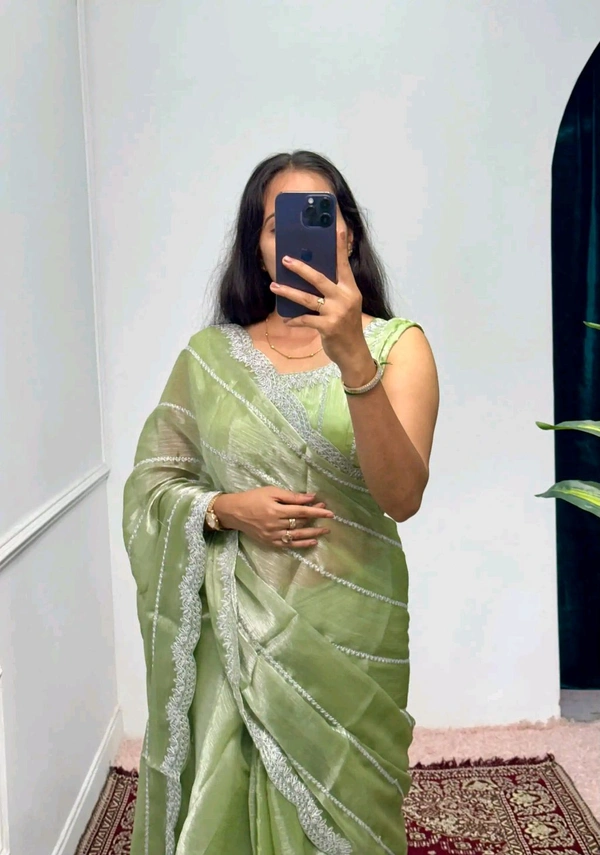Burbary Jimmy Choo Fabric Embroidered Work Saree* - moss Green