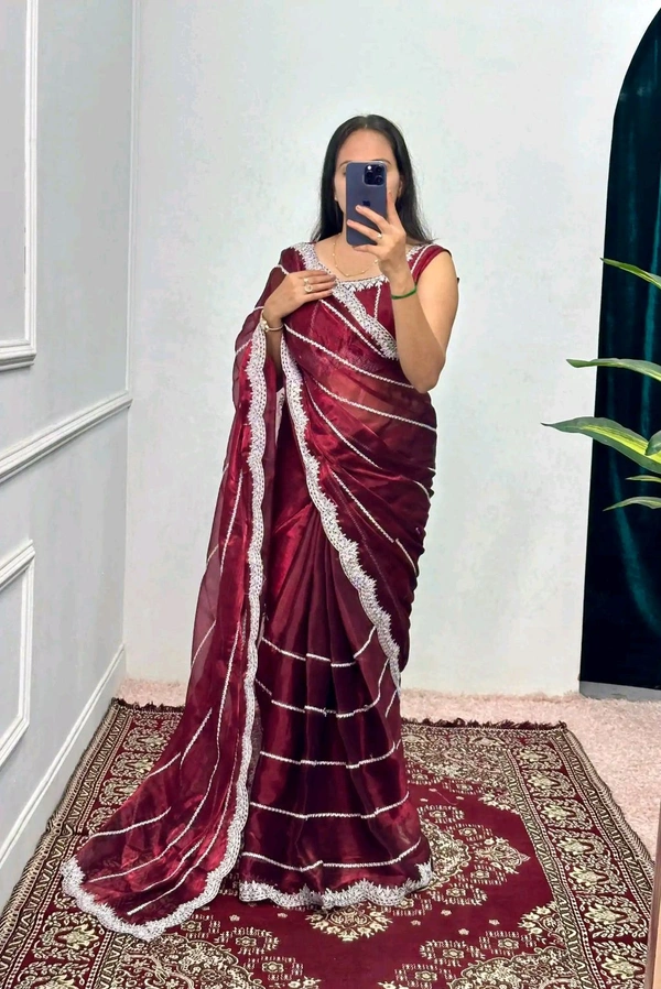 Burbary Jimmy Choo Fabric Embroidered Work Saree* - Red Brown