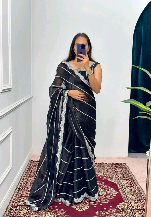 Burbary Jimmy Choo Fabric Embroidered Work Saree* - Dark Grey