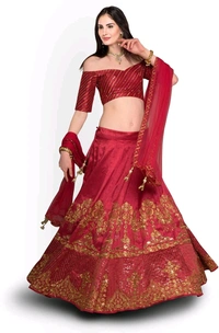Elegant Red Rawsilk Embroidered Wedding Designer Lehenga Choli Dupatta Set - Monarch, Free Size