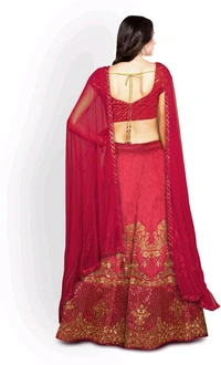 Elegant Red Rawsilk Embroidered Wedding Designer Lehenga Choli Dupatta Set - Monarch, Free Size