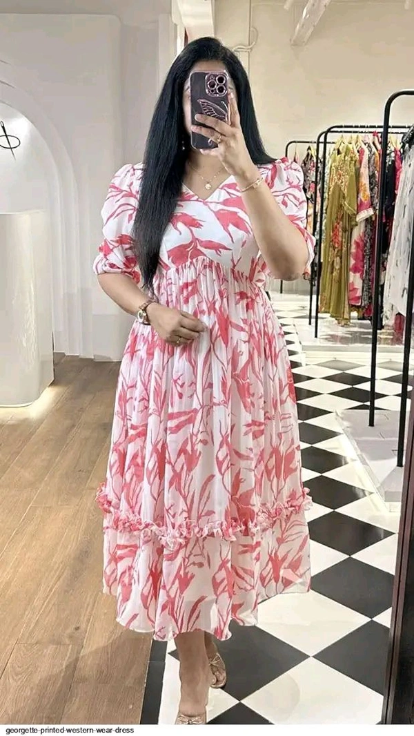 Women Georgette Floral Print Anarkali Kurta for Women Anarkali Kurti for Women Floral Print Fit & Flare Dress - Red, L