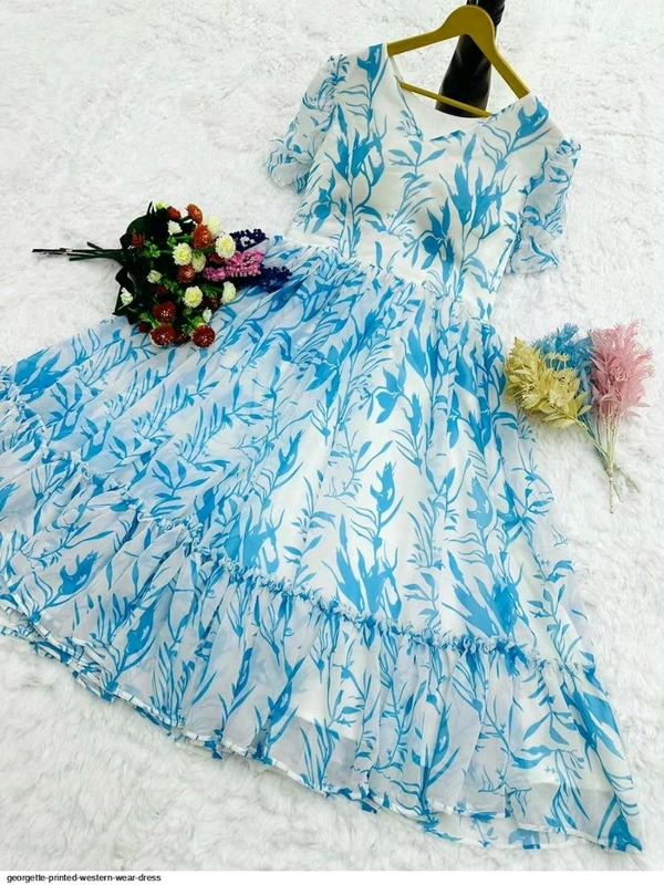 Women Georgette Floral Print Anarkali Kurta for Women Anarkali Kurti for Women Floral Print Fit & Flare Dress - Seagull, L