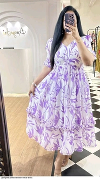 Women Georgette Floral Print Anarkali Kurta for Women Anarkali Kurti for Women Floral Print Fit & Flare Dress - Electric Violet, M