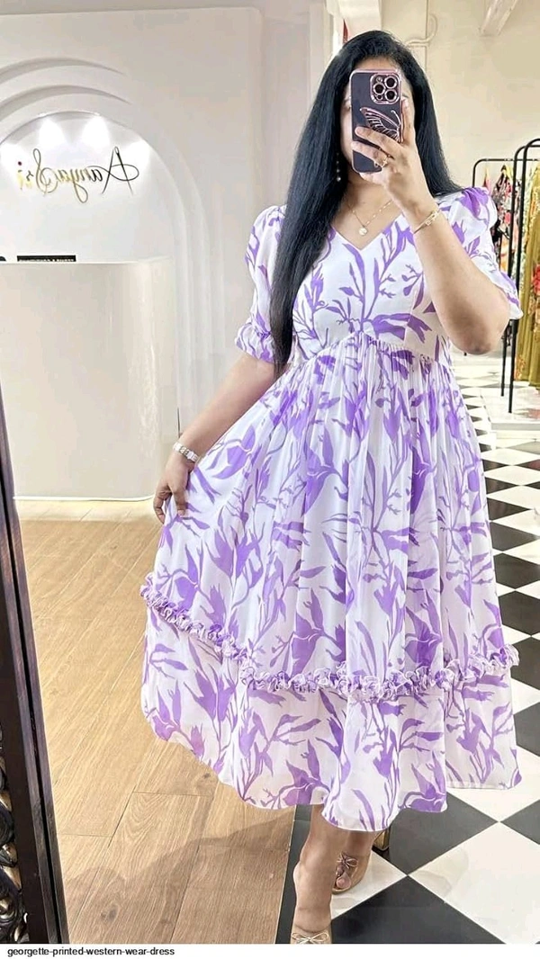 Women Georgette Floral Print Anarkali Kurta for Women Anarkali Kurti for Women Floral Print Fit & Flare Dress - Electric Violet, M