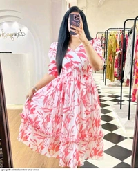 Women Georgette Floral Print Anarkali Kurta for Women Anarkali Kurti for Women Floral Print Fit & Flare Dress - Red, M