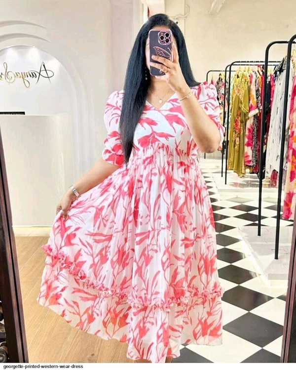 Women Georgette Floral Print Anarkali Kurta for Women Anarkali Kurti for Women Floral Print Fit & Flare Dress - Red, M