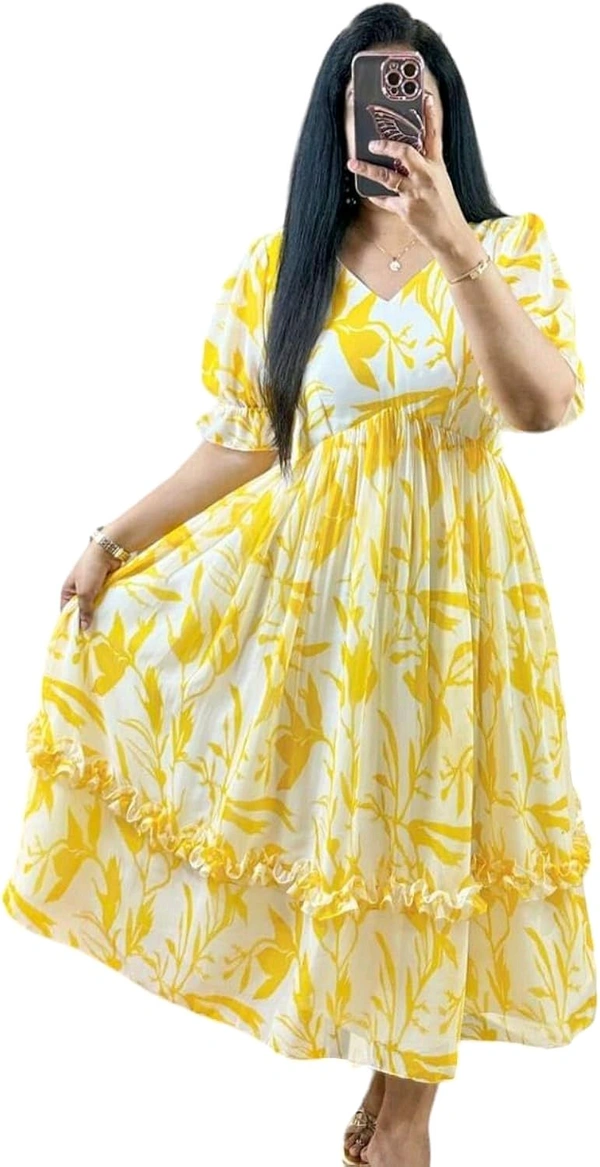 Women Georgette Floral Print Anarkali Kurta for Women Anarkali Kurti for Women Floral Print Fit & Flare Dress - Yellow, M