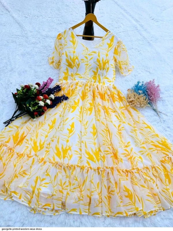 Women Georgette Floral Print Anarkali Kurta for Women Anarkali Kurti for Women Floral Print Fit & Flare Dress - Yellow, S