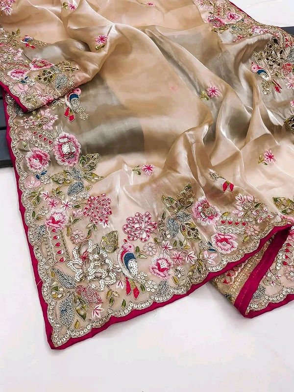 Saree For Women Heavy Jimmy Choo fabric multi embroidery threads,coding and sequence $ fancy cutwork in work with piping border (Beige) - Beige, Free Size