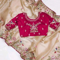 Saree For Women Heavy Jimmy Choo fabric multi embroidery threads,coding and sequence $ fancy cutwork in work with piping border (Beige) - Beige, Free Size