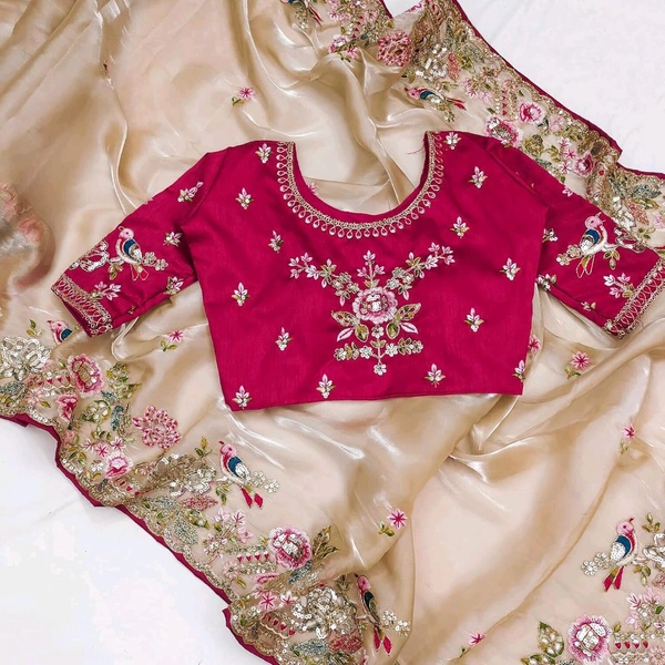 Saree For Women Heavy Jimmy Choo fabric multi embroidery threads,coding and sequence $ fancy cutwork in work with piping border (Beige) - Beige, Free Size