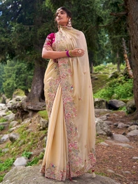 Saree For Women Heavy Jimmy Choo fabric multi embroidery threads,coding and sequence $ fancy cutwork in work with piping border (Beige) - Beige, Free Size
