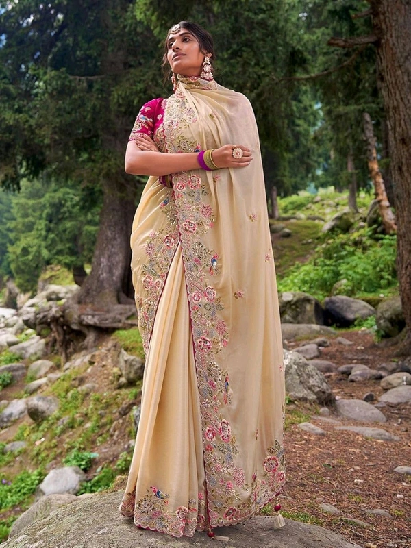 Saree For Women Heavy Jimmy Choo fabric multi embroidery threads,coding and sequence $ fancy cutwork in work with piping border (Beige) - Beige, Free Size