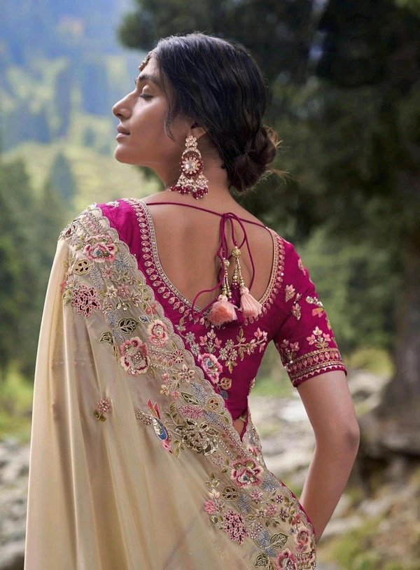 Saree For Women Heavy Jimmy Choo fabric multi embroidery threads,coding and sequence $ fancy cutwork in work with piping border (Beige) - Beige, Free Size
